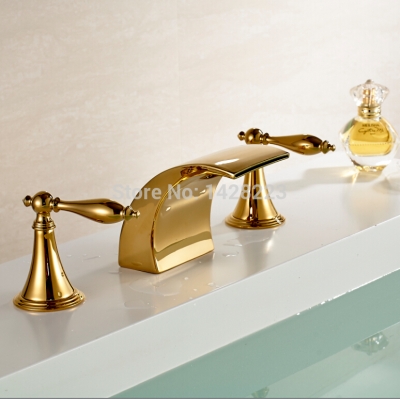 classic dual handles deck mounted 3pcs bathroom faucet golden widespread waterfall basin sink mixer taps