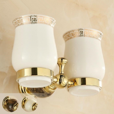 jade golden ceramic cup & tumbler holders wall mount bathroom double toothbrush cup holder hy-33b