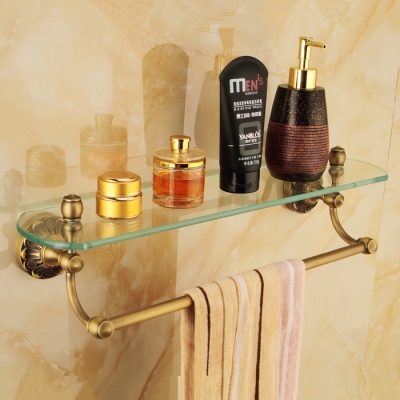 ! multi-function wall mount antique bathroom shelf brass made base + glass shelf + towel rack 6005f