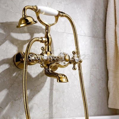 wall mounted dual handles bathroom bathtub faucet with hand shower telephone style golden color