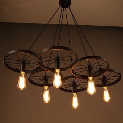 american country industrial style wheel pendant lamps with 6 lights,retro loft metal pendant light for bar home living lights