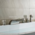 brushed nickel three handles waterfall spout widespread bathtub mixer taps deck mounted 5pcs
