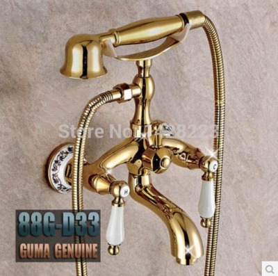 luxury golden telephone style bathroom wall mounted dual handles bathtub shower faucet & handheld shower