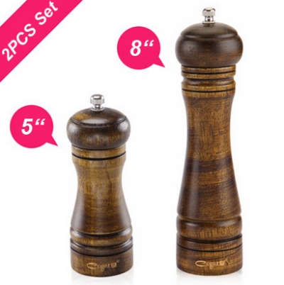 2pcs 5" and 8" classic style wooden salt and pepper mills grinder set with ceramic core hand manual herb & spice tool