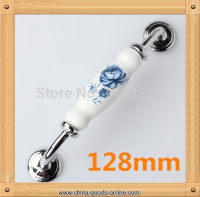 6pcs 128mm ceramic handle printed blue rose kitchen furniture handle cabinet handle drawer handle glossy shiny ffinish