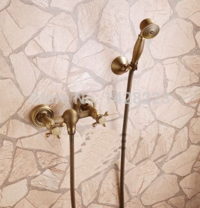 euro style antique brass dual handles handheld shower faucet wall mounted + hose + shower bracket [antique-brass-520]