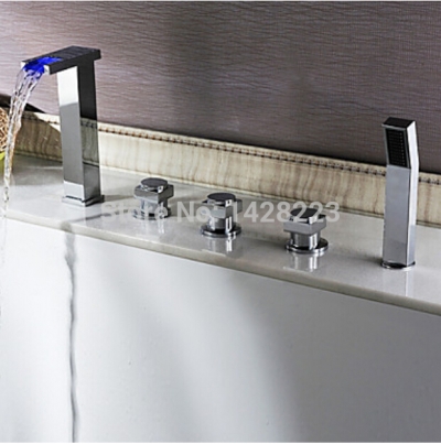 fashion deck mounted square waterfall bathtub set faucet three handle led color changing bathroom bath mixer taps
