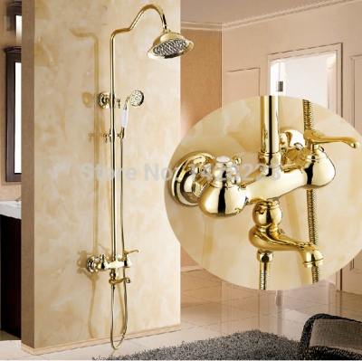 unique design dual handles bath shower faucet set with 8" rainfall shower head + handshower golden polished