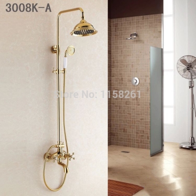 whole and retail promotion luxury gold brass shower faucet rain shower head+tub faucet+hand shower hj-3008k-a