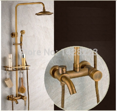 antique brass 8" brass shower head rainfall shower set faucet single handle with handheld shower