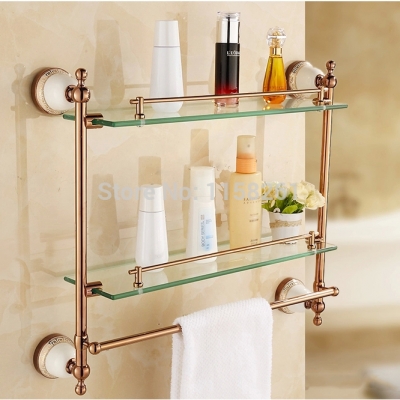 bathroom accessories solid brass rose gold finish with tempered glass,double glass shelf bathroom shelf 5716