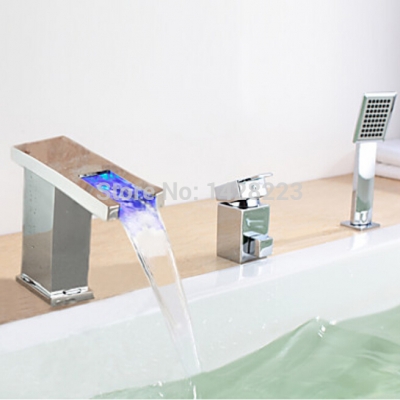 deck mounted 3pcs bathroom tub faucet led waterfall with handshower chrome finished single handle