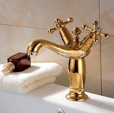 deck mounted dual cross handles bathroom sink basin mixer taps deck mounted golden finished