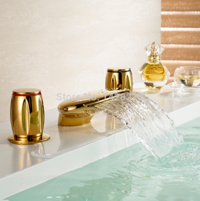 deck mounted waterfall bathroom basin faucet gold-plate double handles basin mixer vanity faucet