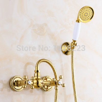 gold finish wall mounted dual handles handheld bathroom shower faucet set w/ handshower holder
