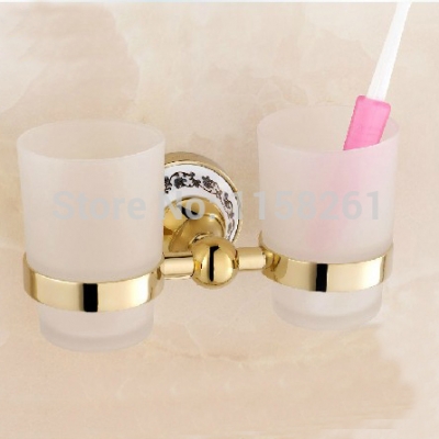 luxury european style golden copper toothbrush tumbler&cup holder with 2 glass cups wall mounted bath product banheiro st-3397