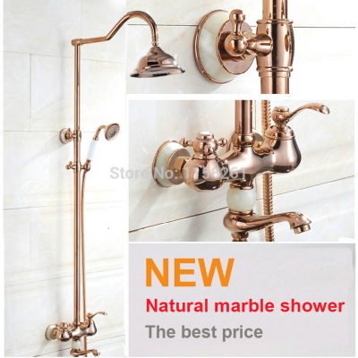 new luxury rose gold color wall mount bath shower set faucet mixer taps rainfall head handheld spray q-66b [gold-finish-shower-set-3179]