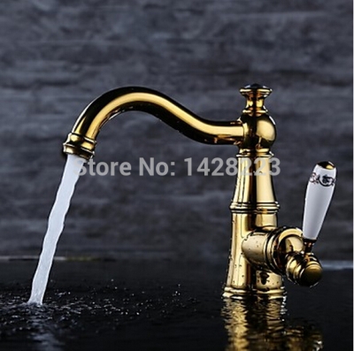 single ceramic handle deck mounted brass long swivel spout bathroom sink faucet golden one hole a494