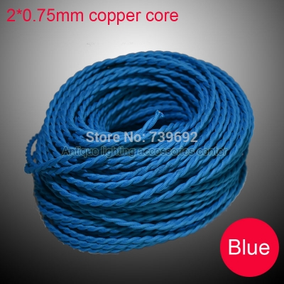 (5m/lot) 2* 0.75mm blue retro twisted lamp cable p.v. knitted cloth copper conductor braided electrical wire