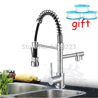 good quality deck mount pull out spring kitchen and cold faucet single handle double spout with gift