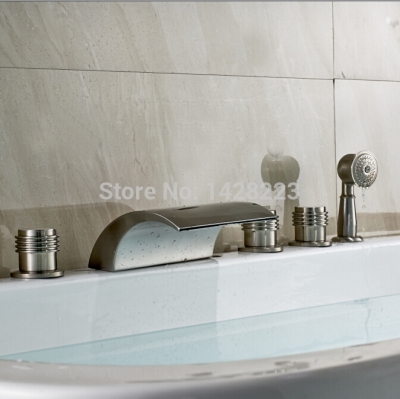 luxury 3 handles deck mounted bathtub faucet brushed nickel 5pcs waterfall bathroom tub mixer tap