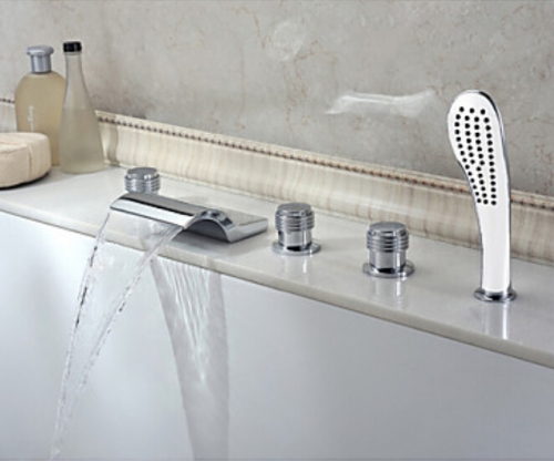 luxury 5pcs waterfall bathroom tub shower faucet deck mount five holes brass bathtub mixer taps chrome finsh