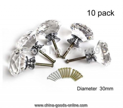 10pcs/pack 30mm diamond crystal glass door drawer cabinet furniture handle knob screw