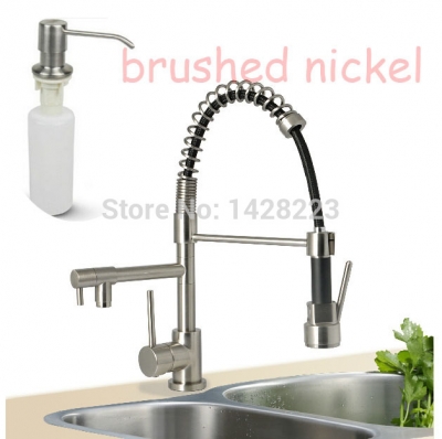 deck mount dual spout brushed nickel and cold kitchen sink mixer tap with soap dispenser