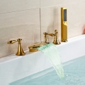 led 3 colors widespread deck mounted 5pcs set bathroom tub faucet + handshower three handles golden polished