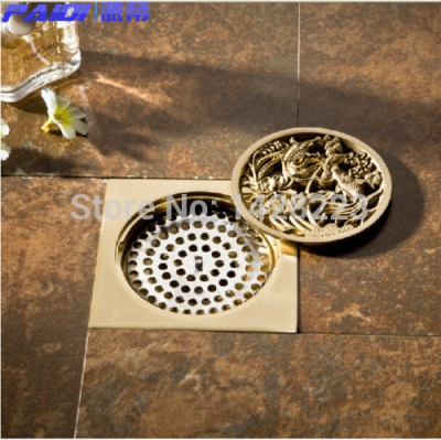 modern new designed golden finished square fish art bathroom shower floor drain washer grate waste drain 4"