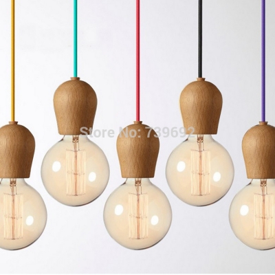 novelty diy e27 retro wood pendant light handmade colorful cord ceiling lamp edison bulbs holder light arts bar fixture-no bulb
