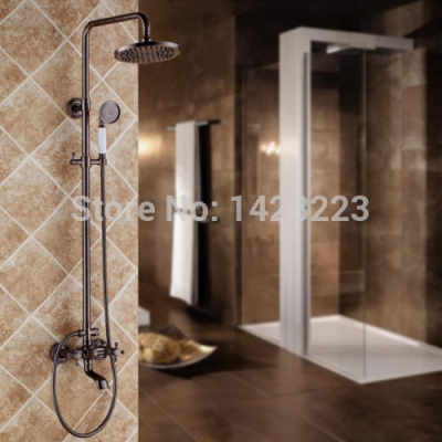 oil rubbed bronze wall mounted dual handles rainfall shower faucet set with hand shower + 8" brass shower head