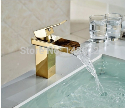 polished golden square bathroom waterfall sink mixer faucet single handle basin faucet