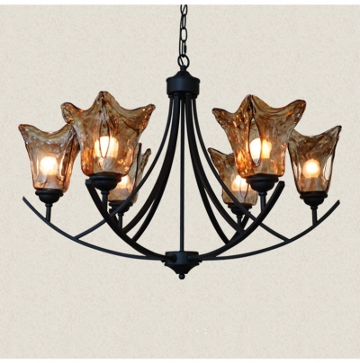 2015 new american country retro simple led black iron chandelier with amber glass lampshade