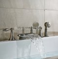 deck mounted three handles waterfall bathtub faucet set brushed nickel with handshower bathroom tub faucet