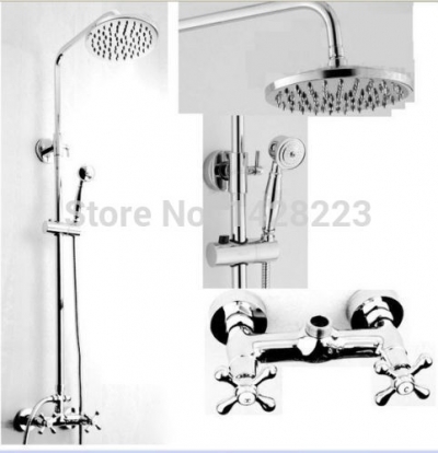 chrome finish wall mounted bathroom 8" rainfall shower faucet set with double cross handles + hand shower