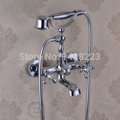 chrome finished brass bathtub faucet wall mounted dual handles swivel spout bath tub mixer tap with hand shower sprayer