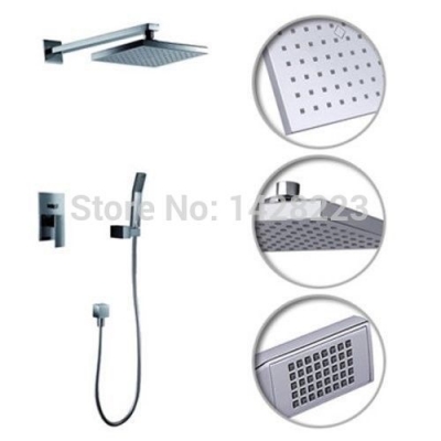 chrome finished wall mounted single handle shower faucet set with hand shower + 8" abs rainfall showerhead