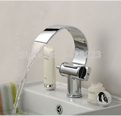 polished chrome dual handles waterfall basin faucet mixer tap deck mounted one hole and cold water