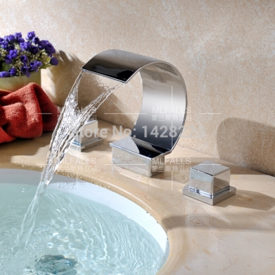 bright chrome dual square handles bathroom bathtub faucet deck mounted waterfall spout basin sink faucet