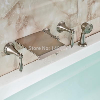 brushed nickel finished widespread waterfall bath tub mixer faucet three handles wall mounted 5 holes