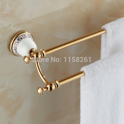 newly wall mounted bathroom towel bar golden finished double bar ceramics base towel holder rack solid brass xl-3312k
