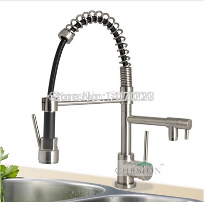 nickel brushed single handle double spout kitchen sink faucet with and cold water deck mount