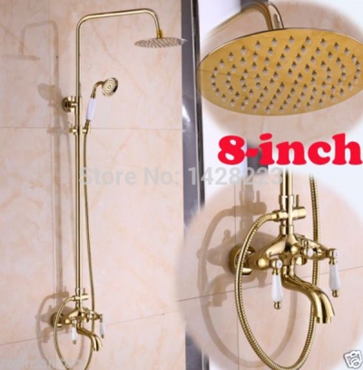 wall mounted golden bathroom rainfall shower exposed faucet set dual handles bath and shower mixer taps