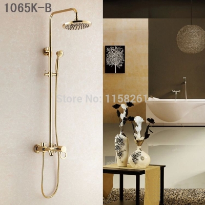 whole and retail luxury gold brass shower faucet set dual ceramic handles tub mixer hand shower hj-1065k-b [gold-finish-shower-set-3176]