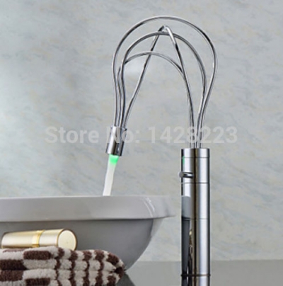 tall chrome polished countertop led color changing bathroom basin sink faucet ---"bird nest" sshape