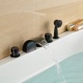 three handles with handshower bathtub faucet set deck mount 5pcs waterfall spout oil rubbed bronze