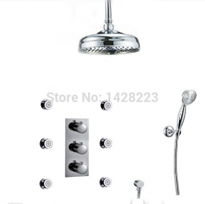 ceiling mounted 6pcs body massage jets thermostatic shower set faucet w/ handshower chrome finished