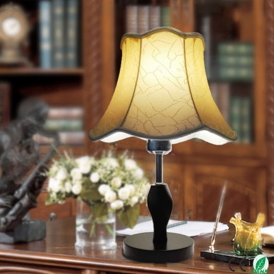 dark golden fabric shade led table lamps; distorted shape wooden base bedroom, sitting room, study, decorative abajur