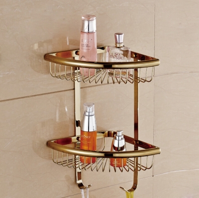 gold finish storage shleves with hook wall mounted dual tier corner shelf for bathroom acessorios para banheiro